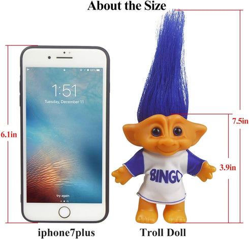 Vintage Troll Dolls, Retro Chromatic Doll for Collections, Arts and Crafts, Party Favors - 7.5" Tall (Blue)