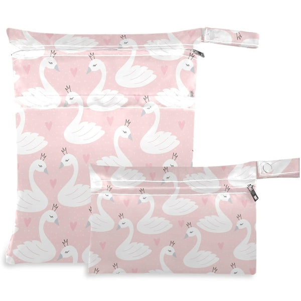 visesunny Cute Swan Heart 2Pcs Wet Bag with Zippered Pockets Washable Reusable Roomy