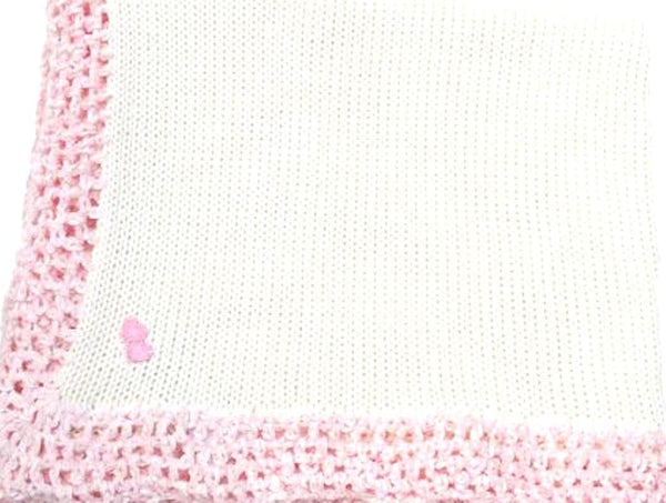Jnan Knitted Crochet Finished White Cotton Pink Trim Baby Blanket with Double Heart