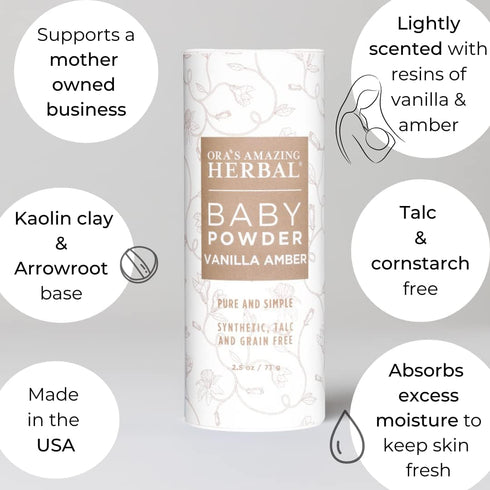Pack 2 0.5 oz Baby Powder Talc-Free, Real Vanilla Amber Natural Scent, Cornstarch Free Arrowroot and Clay Based Powder