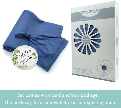 Set OWLOWLA Swaddle Blanket and Hat Newborn Swaddle Wrap Baby Receiving Blanket for Baby Boys Girls(Steel Blue)