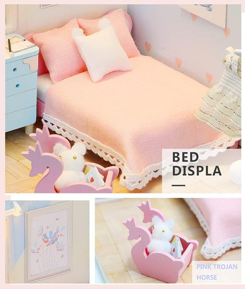 Kisoy Dollhouse Miniature with Furniture Kit, DIY 3D Wooden House Kit with Dust Cover & LED, Handmade Gift