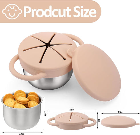 2 Pack 9 OZ BUSOHA Stainless Steel Toddler Snack Cups - Spill-Proof Baby Snack Containers with Silicone Catcher and Lid