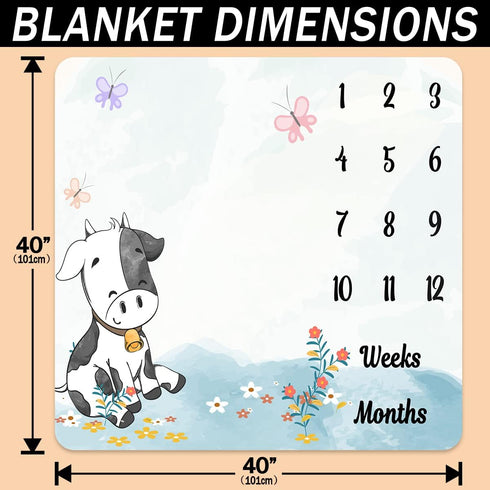 Cow Print Baby Monthly Milestone Blanket, Farm Animals, 40"x40", Unisex, Includes 4 Frames & 1 Headband