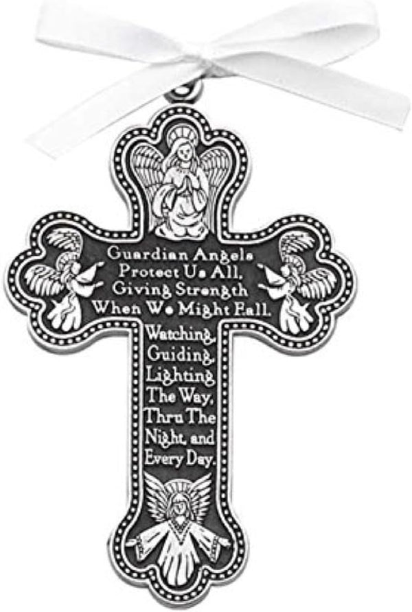 Guardian Angel Crib Cross 3.5" Pewter Medal with White Ribbon BOY or
