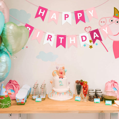 Pink Happy Birthday Banner Sign, Bunting Garland for Kids Girls Baby 1st Birthday Party Decorations