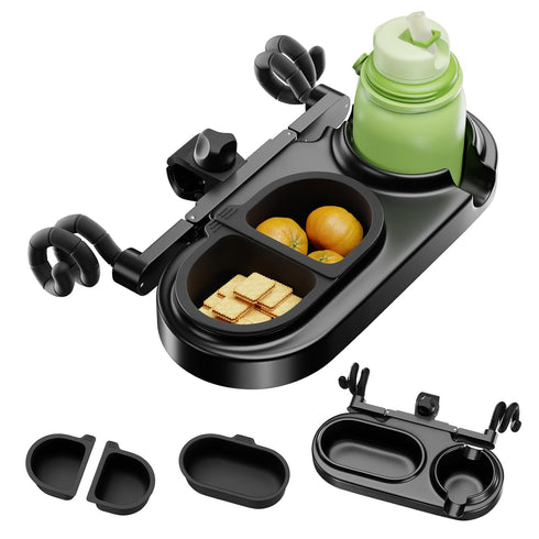 Rivonthex Universal Stroller Snack Tray, Stroller Tray Attachment with Flexible Silicone Arm Gripper & Deep Cup Holder