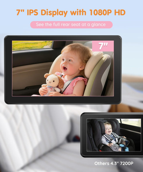 Babyvue BV4 7" 1080P USB Car Monitor for Baby with HD Large Screen, Auto IR Night Vision & Wide Angle, Car Seat Camera