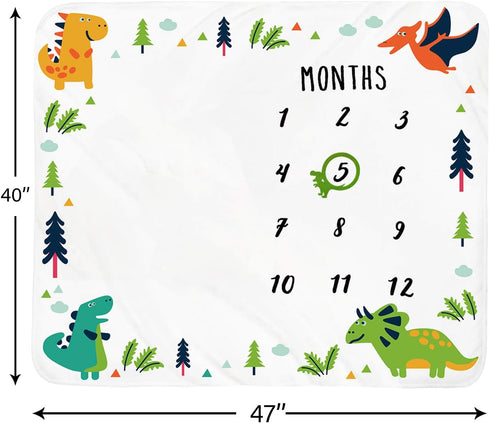47''x40'' Baby Monthly Milestone Blanket Boy - Dinosaur Neutral Newborn Month Blanket for Boy & Girl Personalized