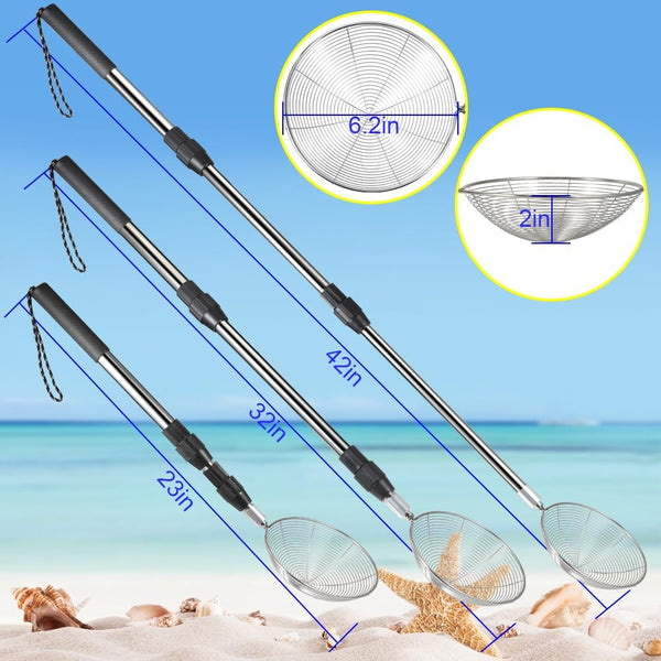 2 Sets Beach Sand Sifter, Beach Sifting Sand Telescoping Pole with Scoops, Baskets, Mesh Bag, for Picking Up Shells