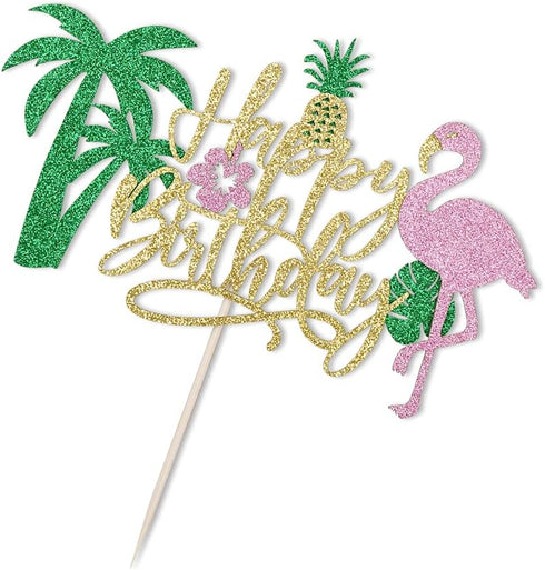 PALASASA Glitter Flamingo Happy Birthday Cake Topper - Hawaiian Luau Tropical Pineapple Theme Kids Party Decoration