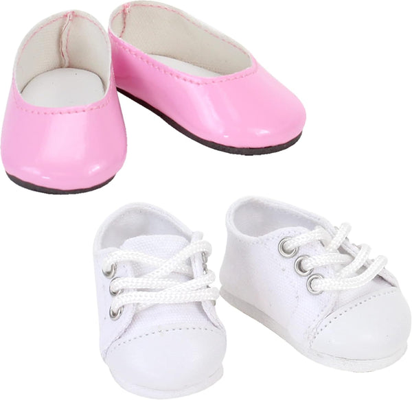 Sophia's 14.5" Doll Shoes Set - Faux Pink Leather Dress Shoes & White All-Star Canvas Sneakers