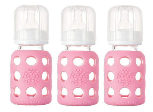 Lifefactory Glass Baby Bottles with Silicone Protection - 3-Pack, 4 oz (Pink)