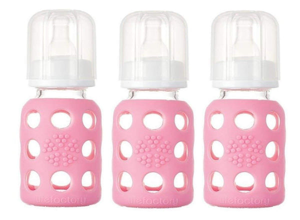Lifefactory Glass Baby Bottles with Silicone Protection - 3-Pack, 4 oz (Pink)