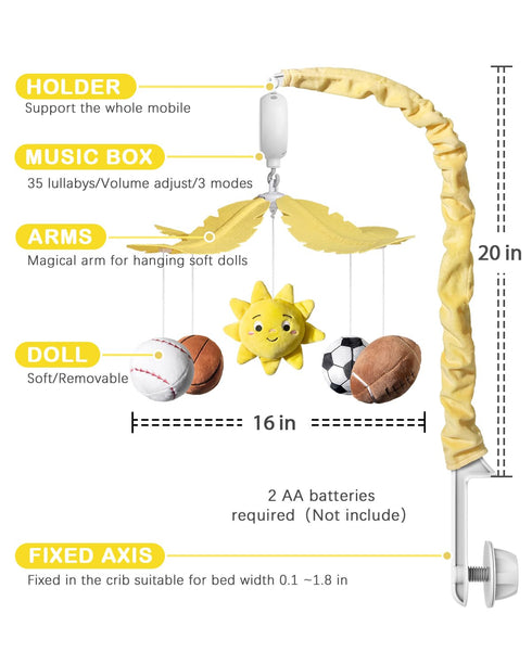35 3 FEISIKE Baby Crib Mobile with Lullabies, Modes Rotation & Music, Soother Toy Adjustable Volume, Sport-Themed