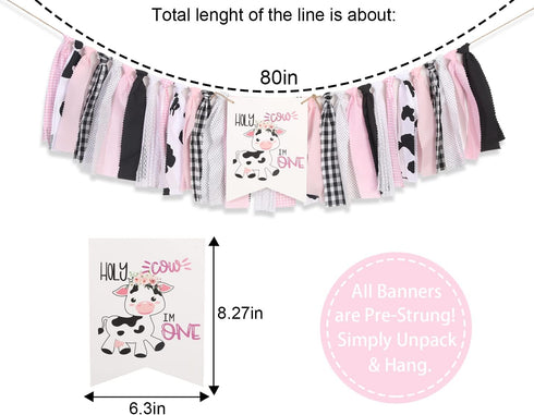 1st Holy Cow I'm One Birthday High Chair Banner, Farm Themed, Pink, Adjustable Size