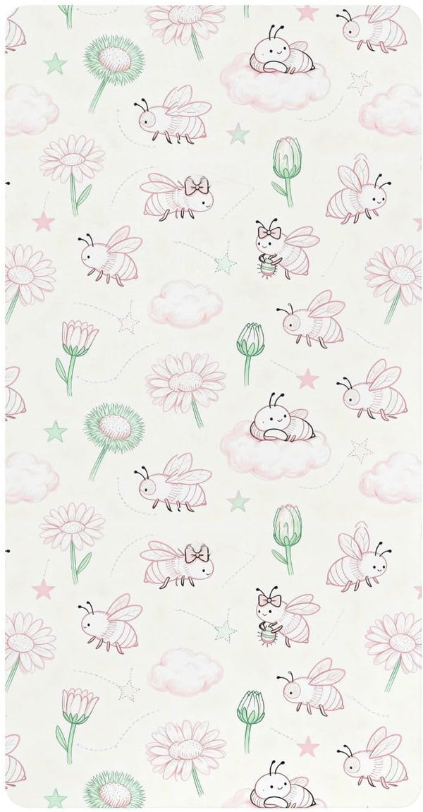 miaozhen Cotton Baby Crib Sheets Comfy Breathable Pink and Green Daisy Flower and
