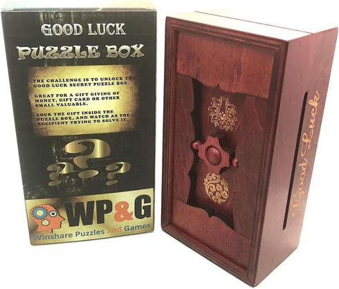 Good Luck Puzzle Box Secret, Money and Gift Card Holder, Wooden Magic Trick Lock with Hidden Compartment