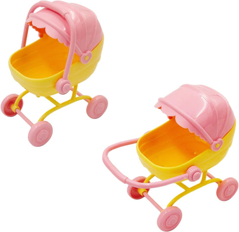 Pemalin Set, Mini Dollhouse Furniture Baby Stroller and High Chair, Pink and Yellow Miniature Accessories, Kids Pretend