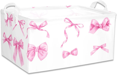 BBSET 3 Pcs Pink Bow Storage Basket, Coquette Girls Rectangle Storage Bins Box with Handles, Bows and Chery Shelf