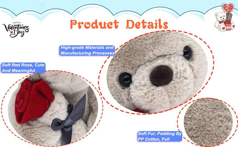 9.8'' Teddy Bear with Rose, Soft Plush Doll for Valentines Day Gifts for Her, Mom, Kids (Gray)