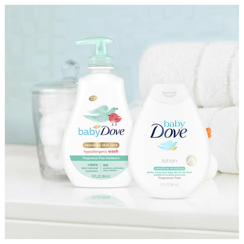 Set, 13 Oz (2 Set) Dove Baby Sensitive Skin Care Bundle Hypoallergenic Wash & Baby Lotion, Fragrance Free Moisture