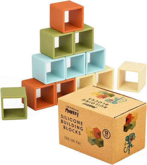 Impresa Blocks for Toddlers 1-3 - 12 Pack, 2-Inch Multicolor Silicone -
