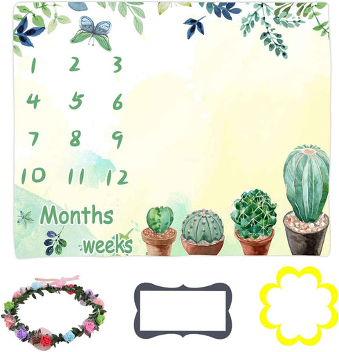 Baby Monthly Milestone Blanket, Green Cactus Butterfly Leaves Baby Memory Blanket Newborn Growth Chart Baby Age Blanket, 48x40 Inch Nursery Baby Swaddle Blanket BTXTLY77 by LYLYCTY