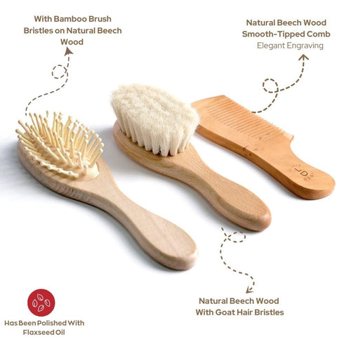 Set Premium Baby Hair Brush Natural Goat Hair & Bamboo Bristle Brushes, Beechwood Comb, Cotton Pouch Gentle Scalp Care