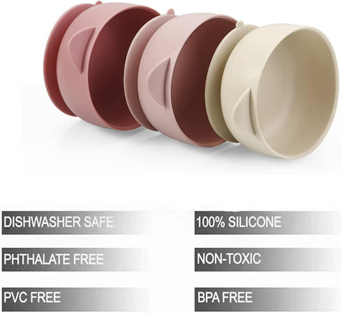 PandaEar 3 Pack Baby Bowls with Suction, Leak-Proof Silicone Food Bowl with Lids, Pink Rose Linen