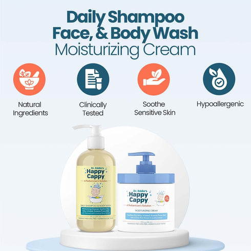Happy Cappy Baby Shampoo, Body Wash, & Moisturizing Cream Bundle - Eczema Body Wash and Lotion for Kids & Toddlers