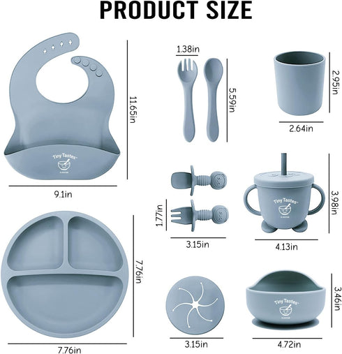 Tiny Tastes 10-Piece Set Silicone Baby Feeding BPA-Free, Spill-Proof Suction Plate, Bowl, Bib, Snack Cup & Utensils |