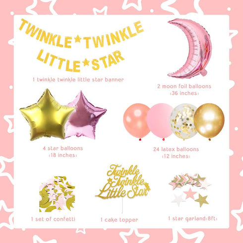 Twinkle Twinkle Little Star Decorations, Baby Shower or Birthday Party, Moon and Star Balloons, Pink and Gold