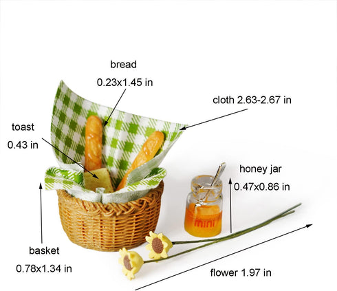 Miniature Food Dollhouse Accessories 9PCS Decor with 1:12 Scale Bread, Honey Basket, Picnic Cloth, and Flowers