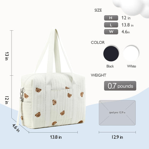 LORADI Diaper Bag Tote with Insulated Pockets and Stroller Hooks for Travel (White, Medium)