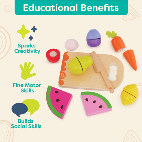 B. toys- Chop 'n' Play - Wooden Fruits & Veggies, Sliceable Play Food for Toddlers, Kids