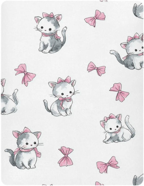 Vdsrup 39 27 5In Crib Sheets for Boys Girl Cat Pink Bow Neutral Mini Crib Mattress Sheets Fitted, Toddler Baby Sheets