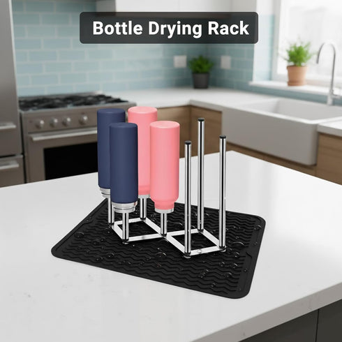 Enprotty Countertop Stainless Steel Bottle Drying Rack with Non-Slip Silicone Mat Foldable Water Bottles Dryer Stand