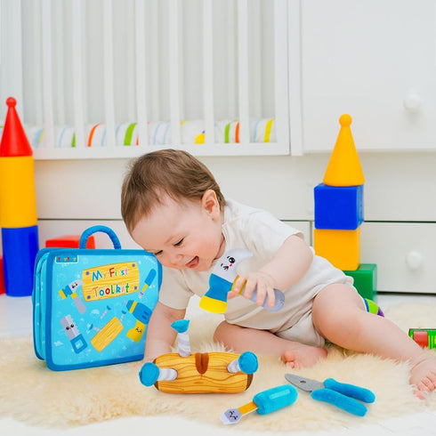 1st Toolbox Playset, Set 1 teytoy My Baby Tool for Year Old, Pretend Play Construction Toy with Zippered Tool Box