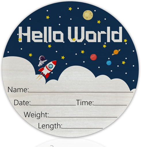 CLHHM Hello World Birth Announcement 6" Round Birch Wood Newborn Sign for Nursery