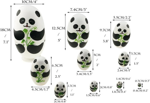 Cute Animal Theme Black and White Panda Egg Shape Wooden Nesting Dolls Set - 10 Pieces for Kids Toy
