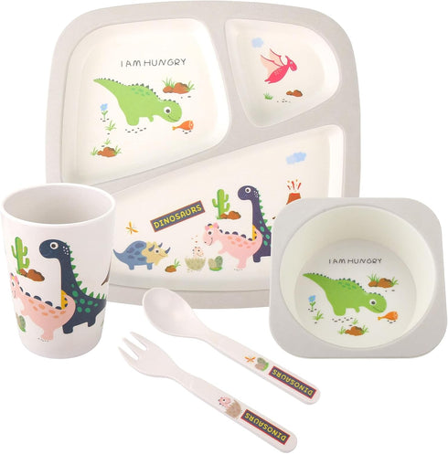 Kids Tableware Set 5 Pcs, Feeding Dinnerware Set for Toddlers Includes Plate Bowl Cup Fork and Spoon Utensil Flatware, Kids Feeding Set Dishwasher Safe, BPA Free (Dinosaurs) by nohlerlife