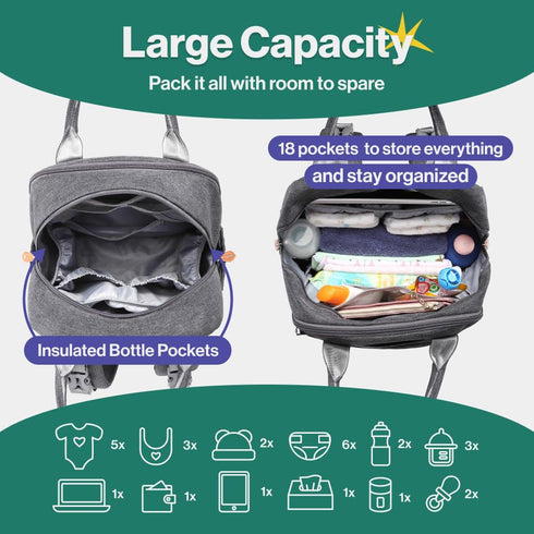 BabbleRoo Diaper Bag Backpack - Waterproof Multi-Function Baby Tote with Changing Pad