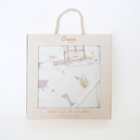 Set, Set, Crane Baby Hooded Towel & Washcloth Charlie Farmhouse Goose Hooded Baby Towels and Washcloths Baby Bath