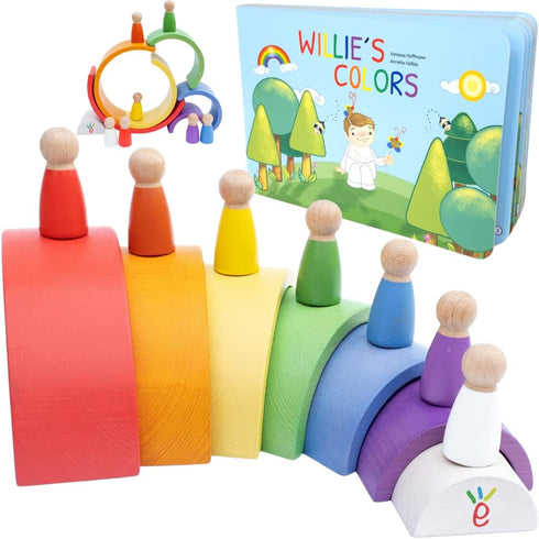 Montessori Nesting Rainbow Toy - Wooden Stacking Set with Arches, Peg Dolls & Story Book for Ages 3+