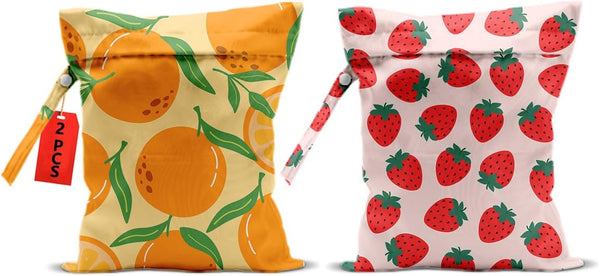 CFGBFDGH 2Pcs Fruits Wet Bags 12x10 Inch, Strawberry Orange Waterproof Travel Laundry Bags,