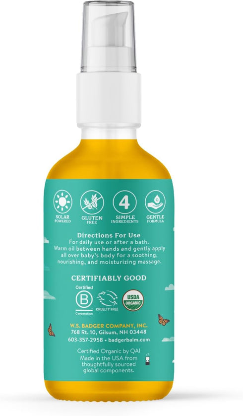 Badger Baby Oil, 100% Organic Ingredients, 4 fl oz Glass Bottle, Soothing Vegan Baby Oil