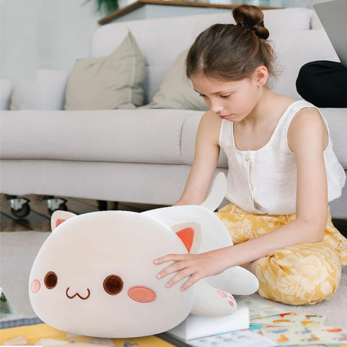 FUYU Cat Stuffed Animals, Soft Cat Plush Pillow Kawaii Kitten Toy Gifts for Kids Boys Girls Room Decor (White Round