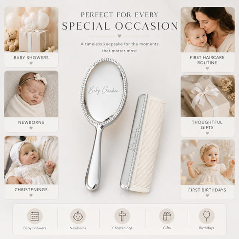 Set Engraved Silver-Plated Brush & Comb Newborn Grooming Kit, Soft Bristle Hairbrush, Custom Baby Keepsake Gift