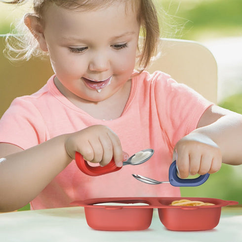 Toddler Utensils Set, Stainless Steel Forks and Spoons for Kids, Safe Self Feeding, Dishwasher Safe (Red+Blue)